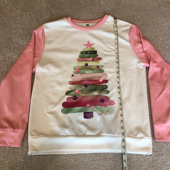 NWOT Pink White Christmas Round Neck Long Sleeve Sweater Sweatshirt Top Blouse - Picture 8 of 9